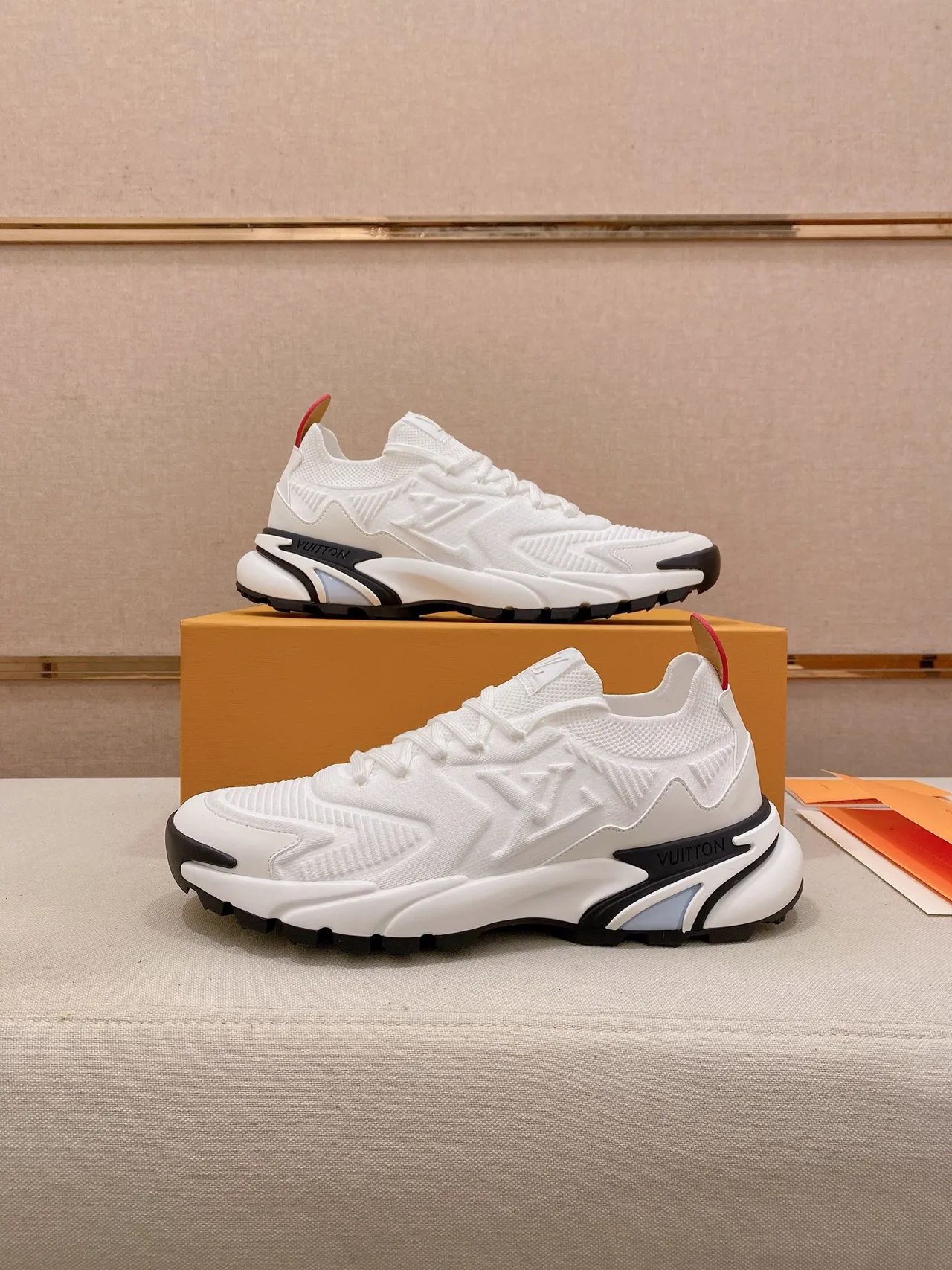 Louis Vuitton White Black Sculpted Sole Embossed Monogram Knit Upper Chunky Sneakers 7