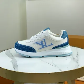 Louis Vuitton White Blue Leather And Monogram Denim Upper Stitched Oversized LV Logo Lifestyle Sneakers