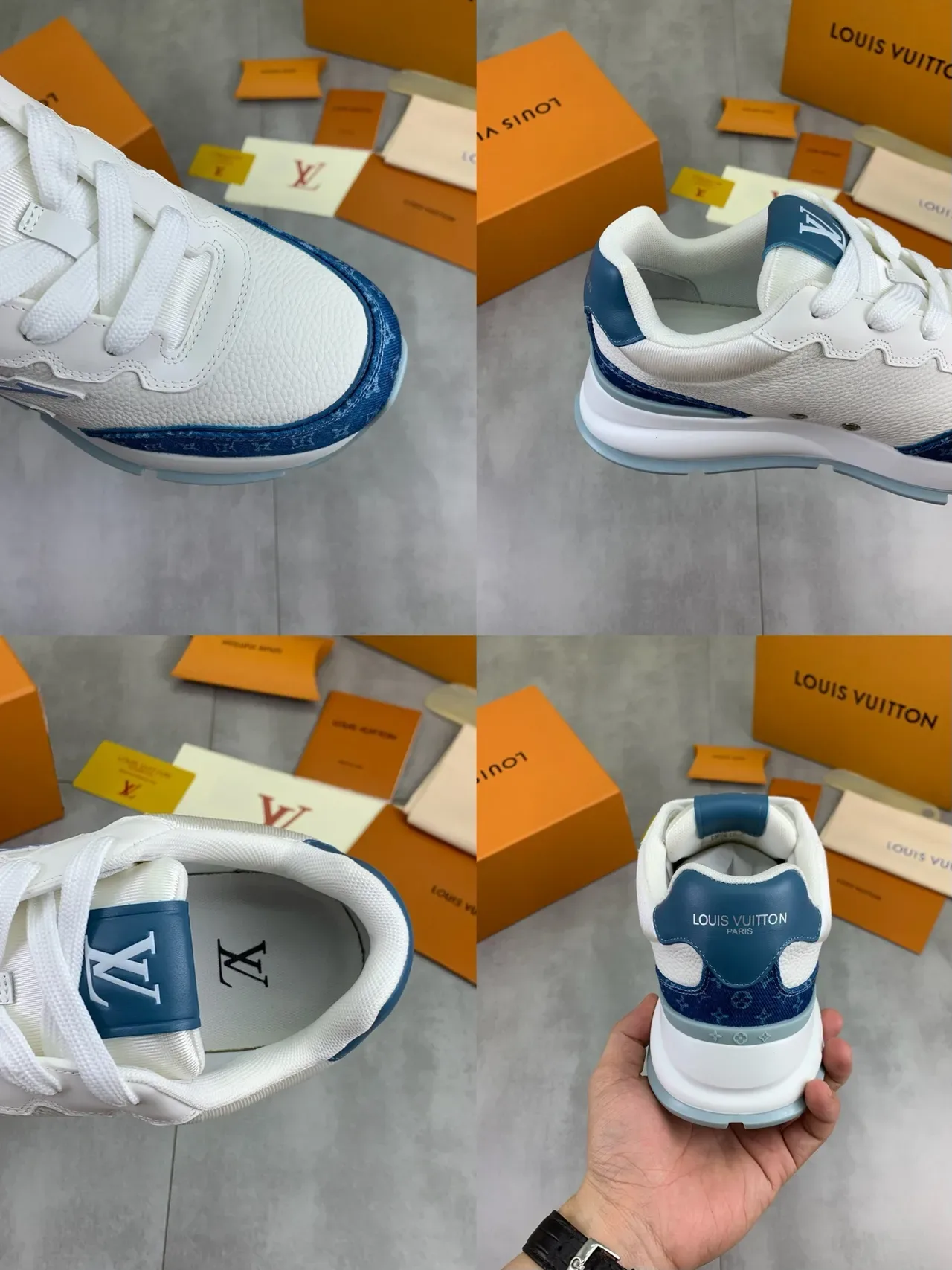 Louis Vuitton White Blue Leather And Monogram Denim Upper Stitched Oversized LV Logo Lifestyle Sneakers 2