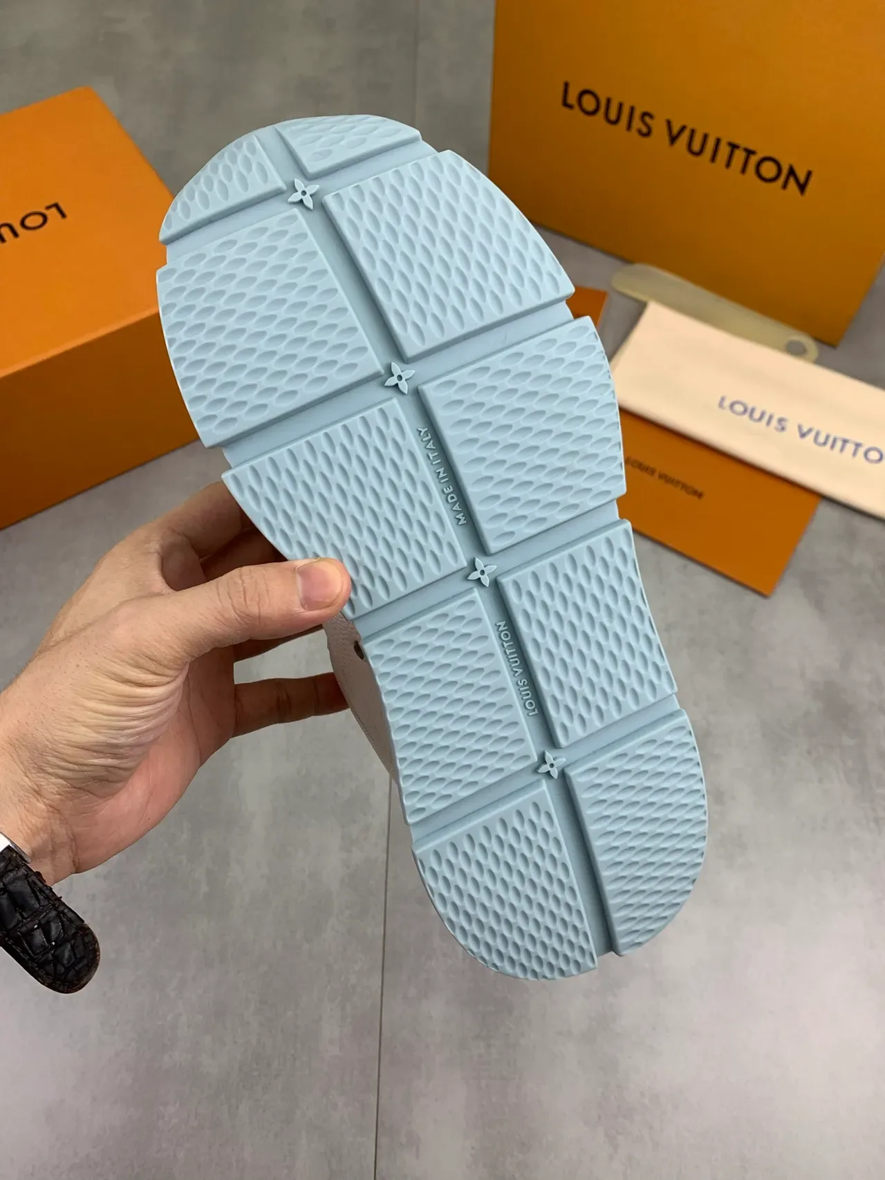 Louis Vuitton White Blue Leather And Monogram Denim Upper Stitched Oversized LV Logo Lifestyle Sneakers 3