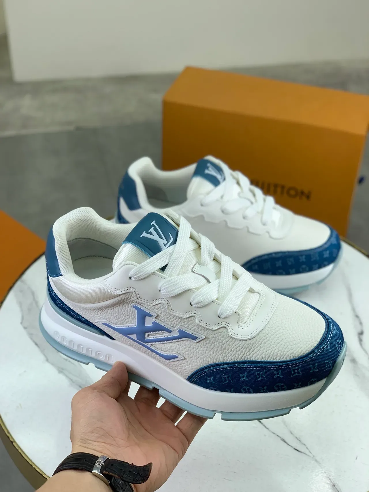 Louis Vuitton White Blue Leather And Monogram Denim Upper Stitched Oversized LV Logo Lifestyle Sneakers 4