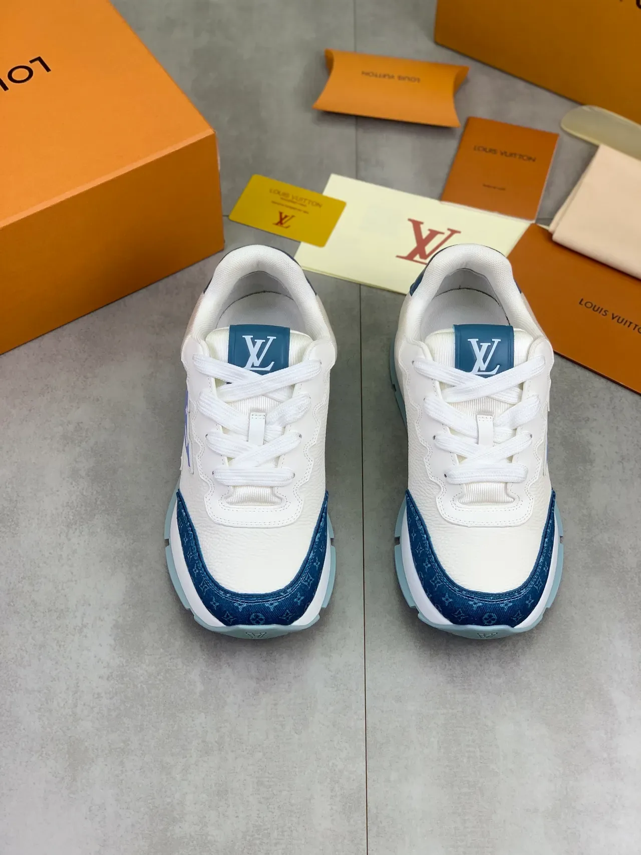 Louis Vuitton White Blue Leather And Monogram Denim Upper Stitched Oversized LV Logo Lifestyle Sneakers 5