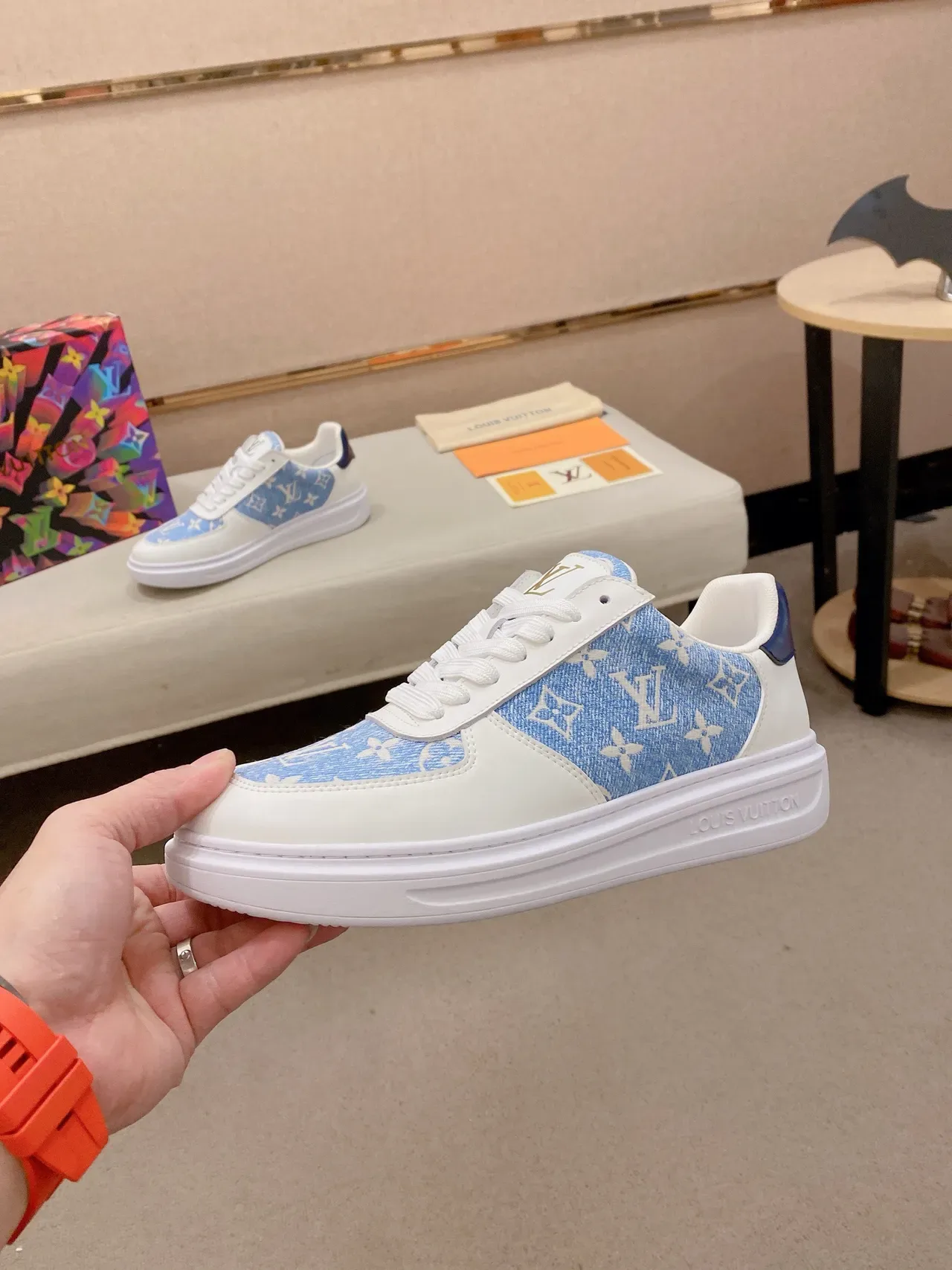 Louis Vuitton White Blue Monogram Textile Overlay Leather Panels Lifestyle Sneakers 3
