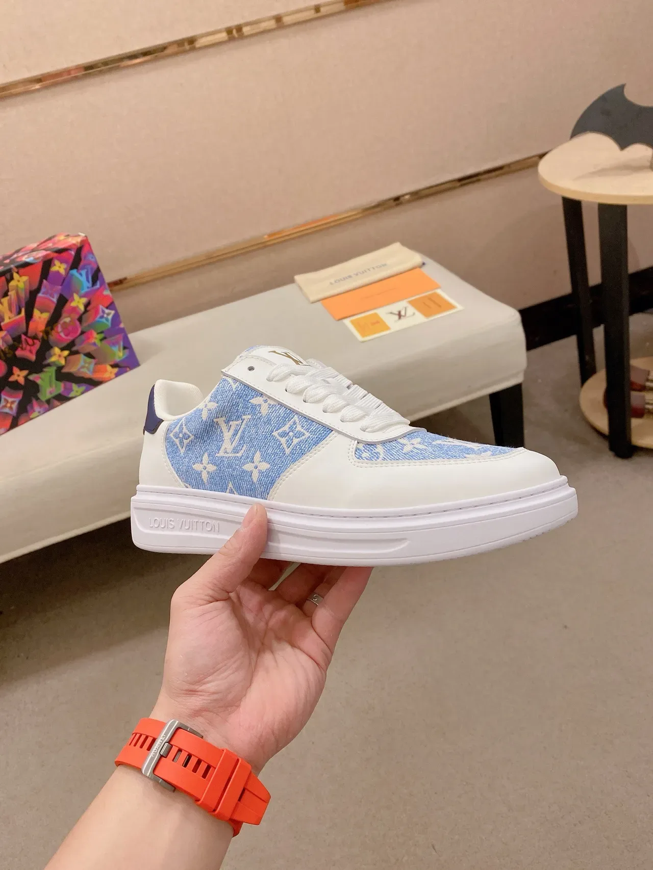 Louis Vuitton White Blue Monogram Textile Overlay Leather Panels Lifestyle Sneakers 4