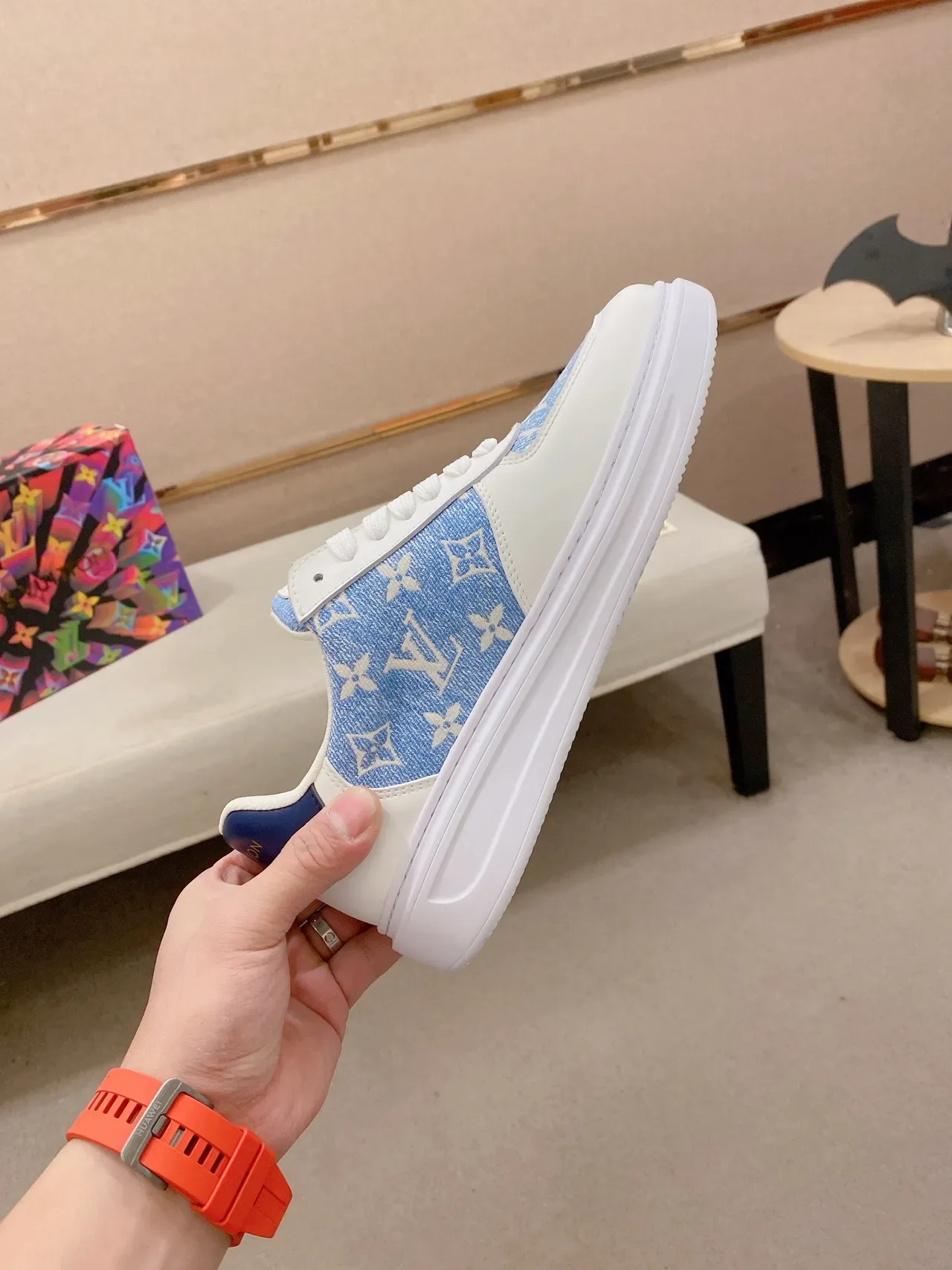 Louis Vuitton White Blue Monogram Textile Overlay Leather Panels Lifestyle Sneakers 5