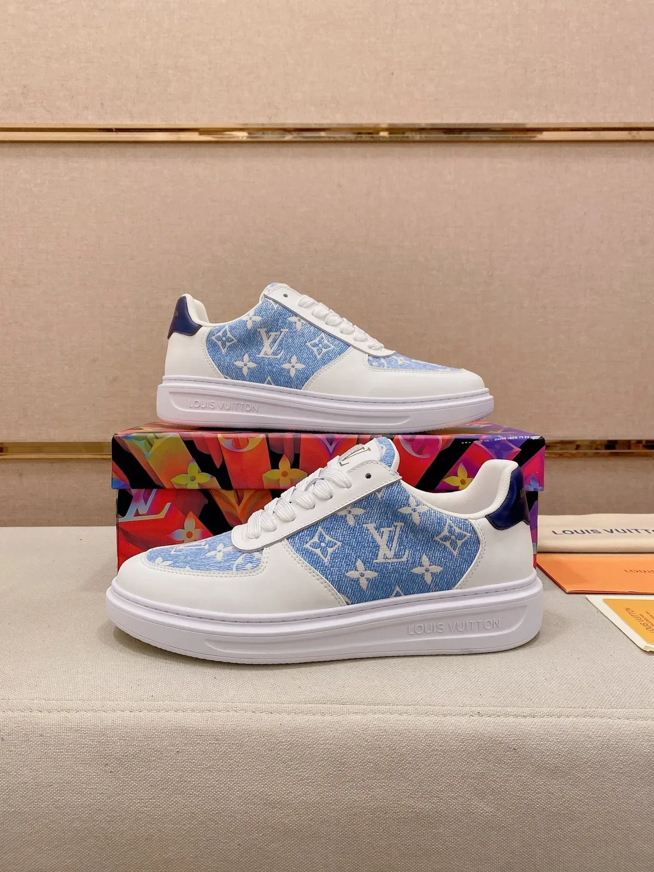 Louis Vuitton White Blue Monogram Textile Overlay Leather Panels Lifestyle Sneakers 7