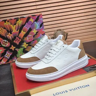 Louis Vuitton Blanco Marrón Embosado Monograma Cuero Ante Paneles Contraste Lifestyle Zapatillas