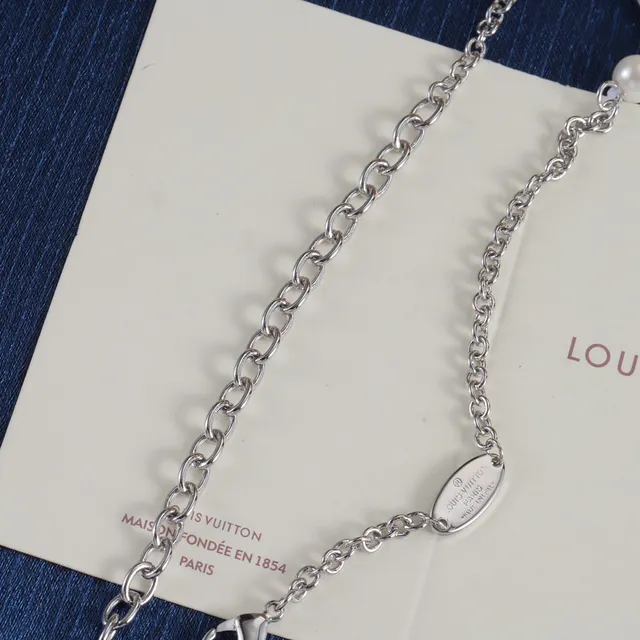 Louis Vuitton White Gold Multi-Strand Pearl LV Monogram Pendant Necklace 2