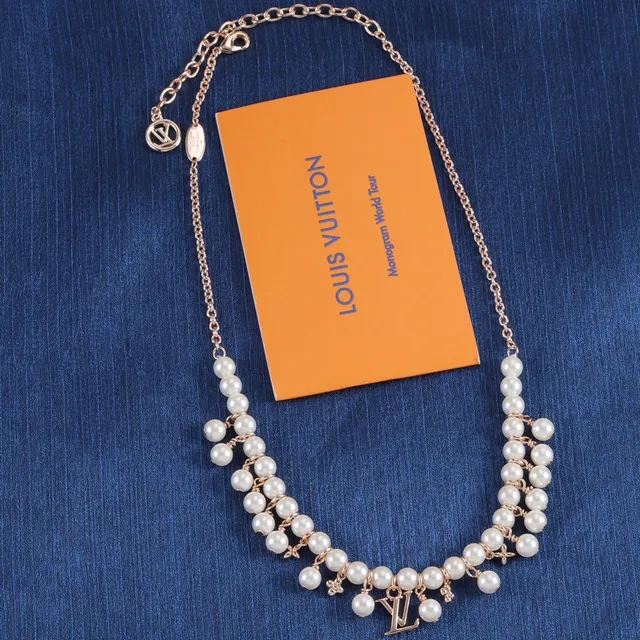 Louis Vuitton White Gold Multi-Strand Pearl LV Monogram Pendant Necklace 3