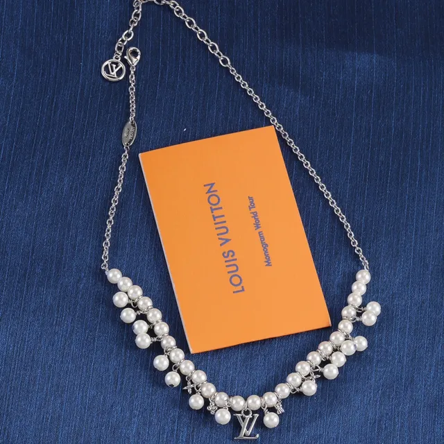 Louis Vuitton White Gold Multi-Strand Pearl LV Monogram Pendant Necklace 4