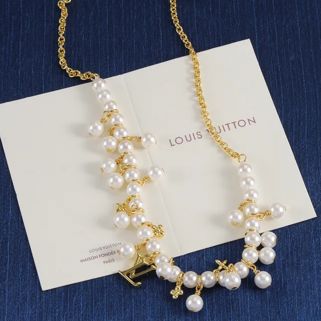 Louis Vuitton White Gold Multi-Strand Pearl LV Monogram Pendant Necklace 5