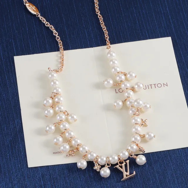Louis Vuitton White Gold Multi-Strand Pearl LV Monogram Pendant Necklace 6