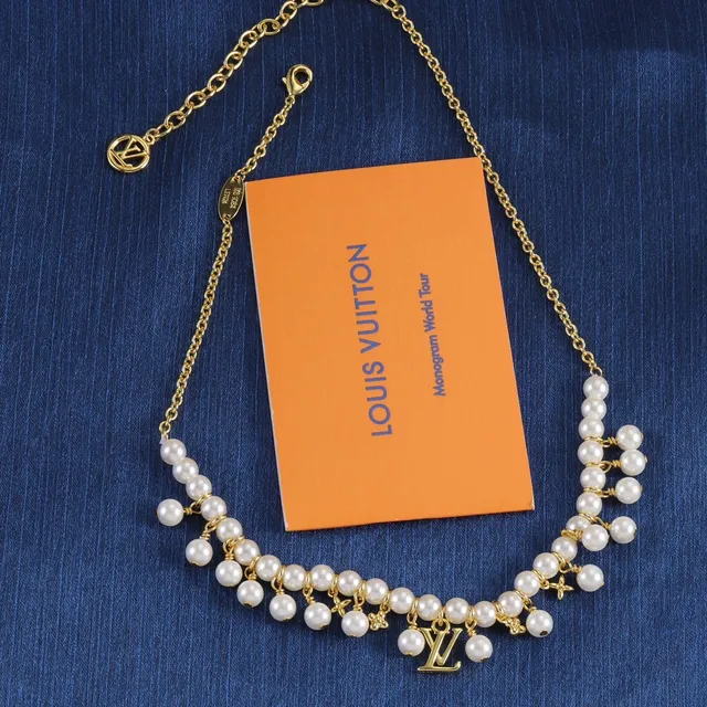 Louis Vuitton White Gold Multi-Strand Pearl LV Monogram Pendant Necklace 7