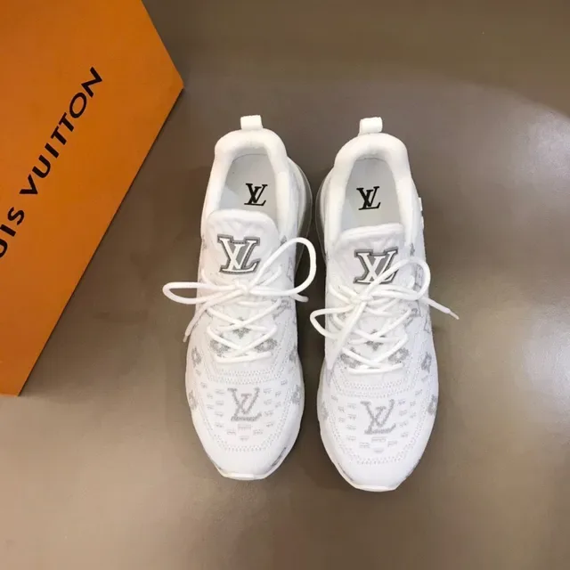Louis Vuitton أبيض رمادي تريكو Monogram Upper منحوت طبقي سيلة حذاء رياضي أسلوب حياة 9