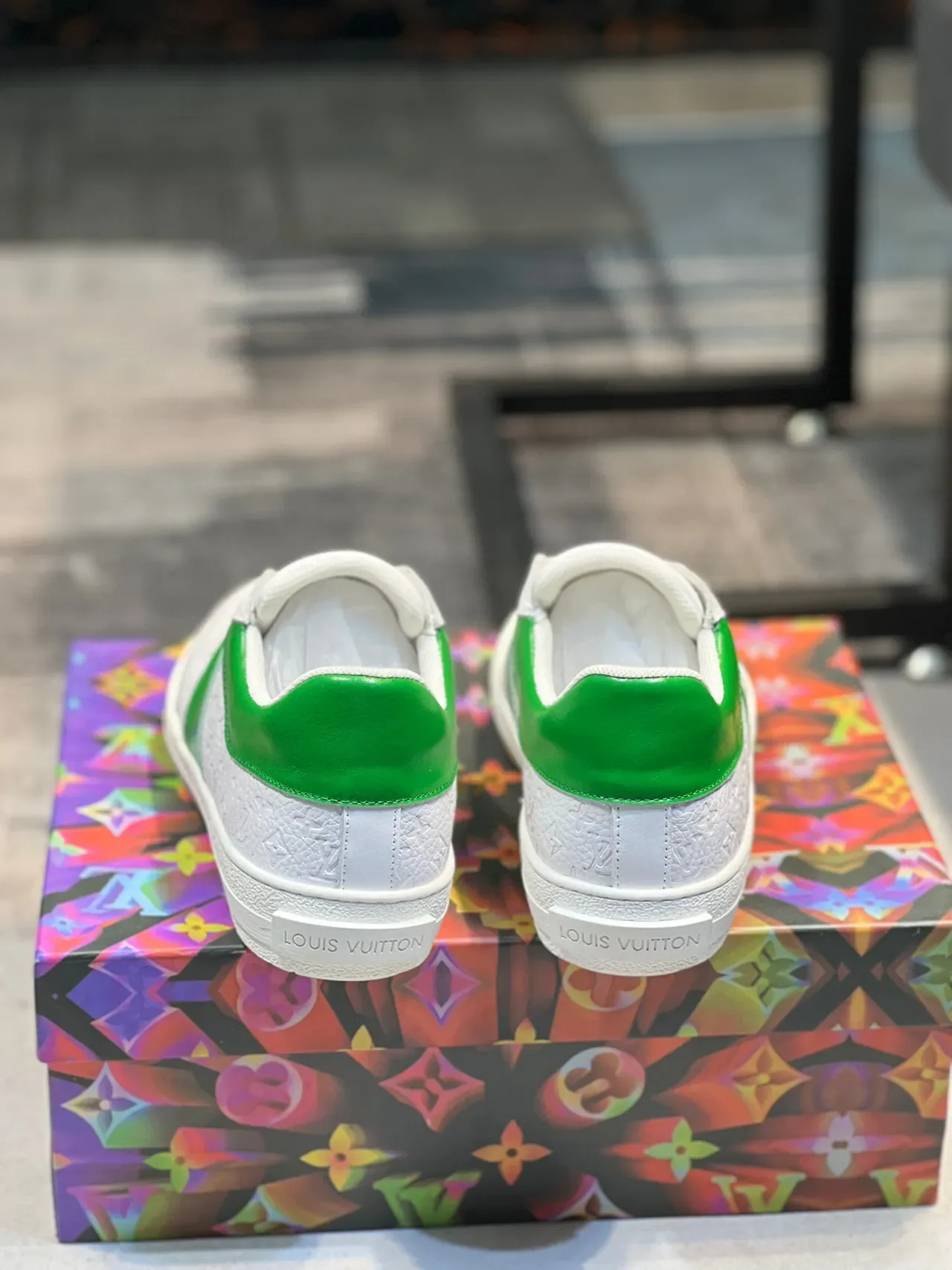 Louis Vuitton White Green Embossed Monogram Leather Side Stripe Lifestyle Sneakers 2