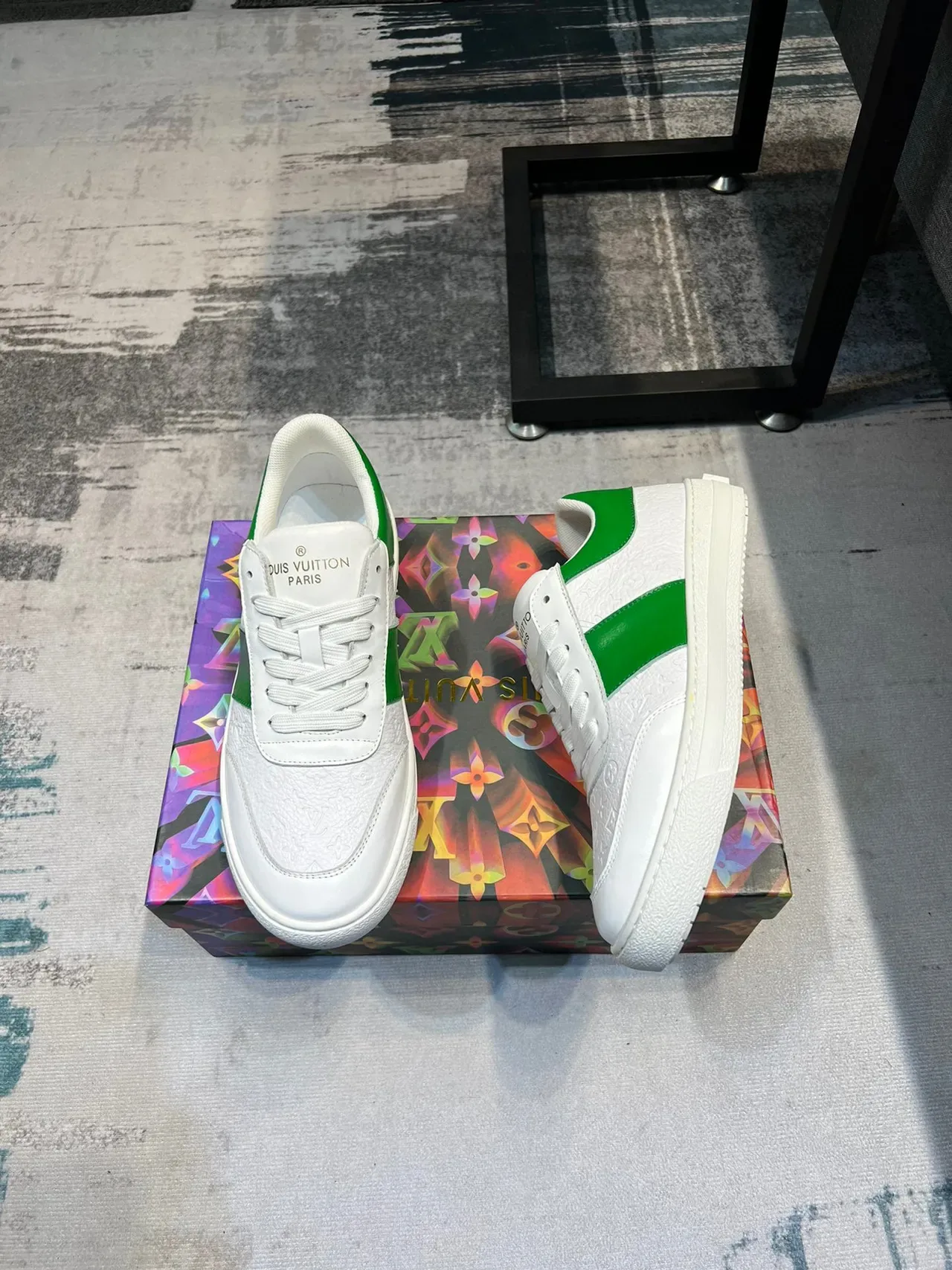 Louis Vuitton White Green Embossed Monogram Leather Side Stripe Lifestyle Sneakers 4