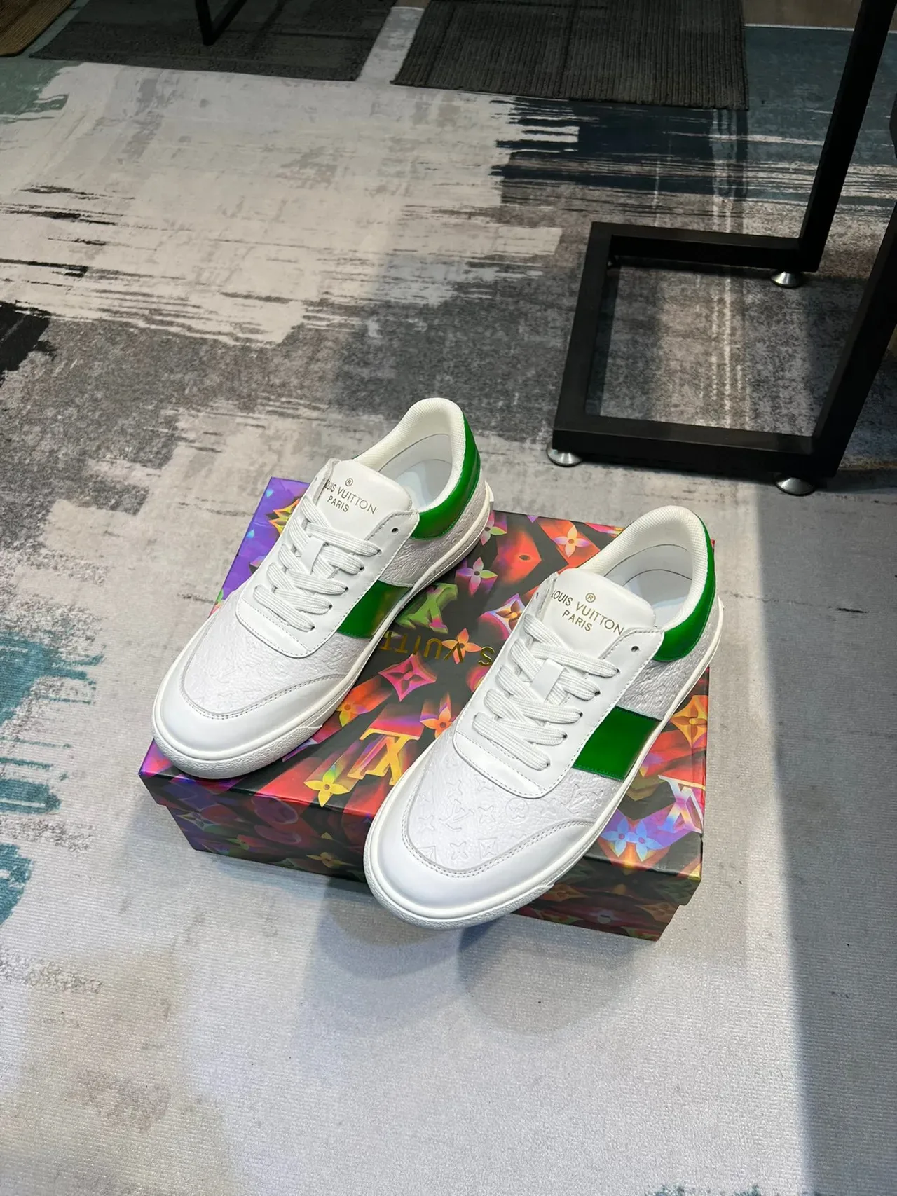 Louis Vuitton White Green Embossed Monogram Leather Side Stripe Lifestyle Sneakers 5