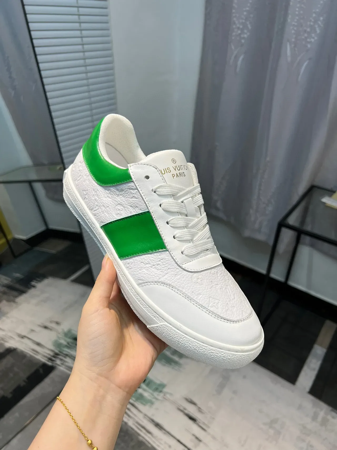Louis Vuitton White Green Embossed Monogram Leather Side Stripe Lifestyle Sneakers 6