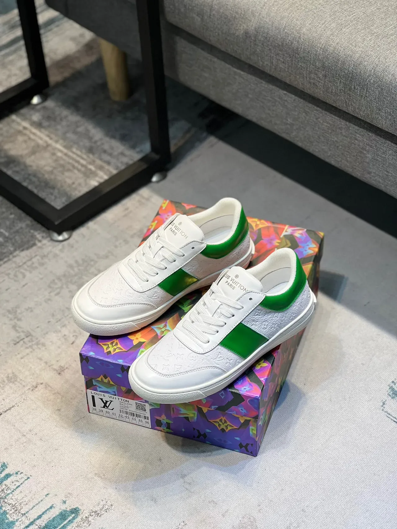 Louis Vuitton White Green Embossed Monogram Leather Side Stripe Lifestyle Sneakers 7