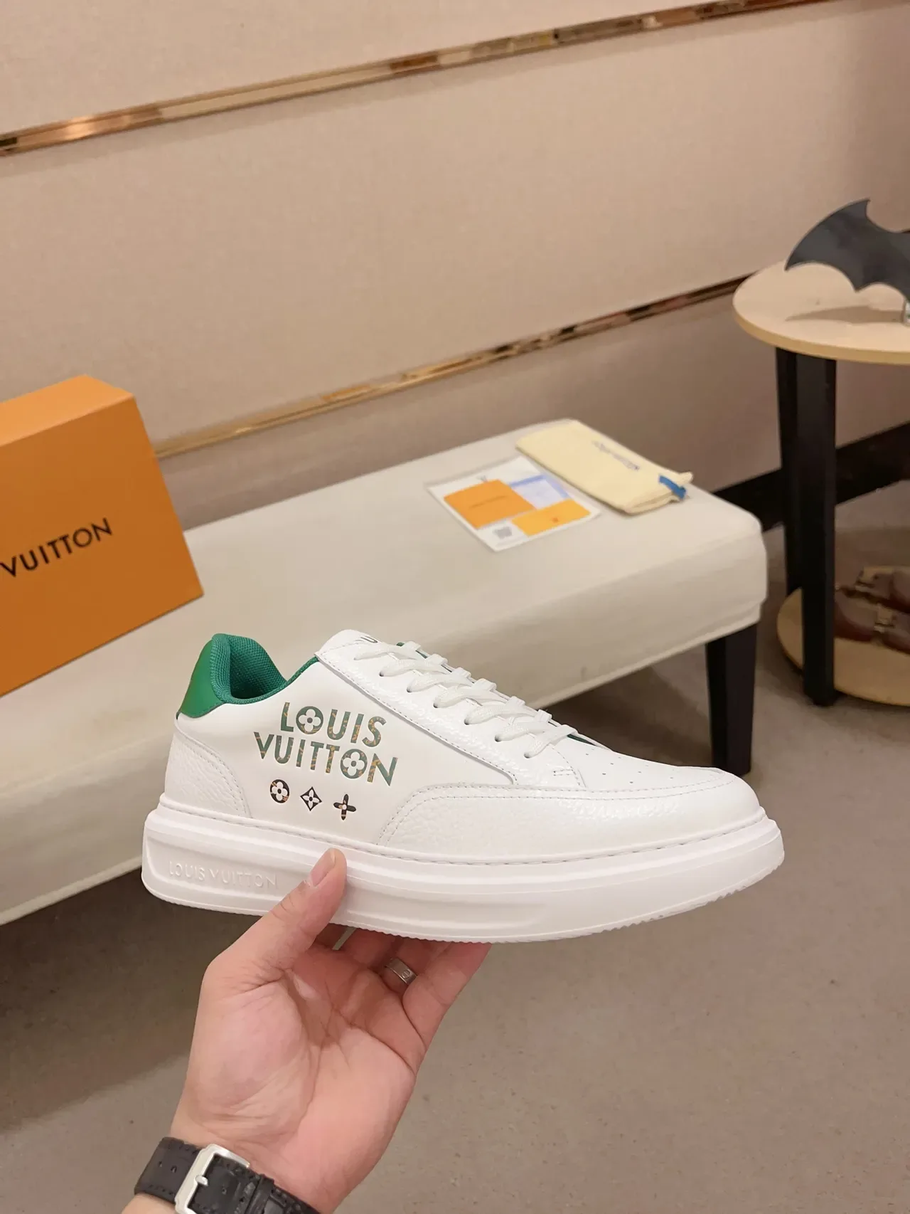 Louis Vuitton White Green Low-Top Platform Sneaker Textured Leather Upper Lifestyle Sneakers 4