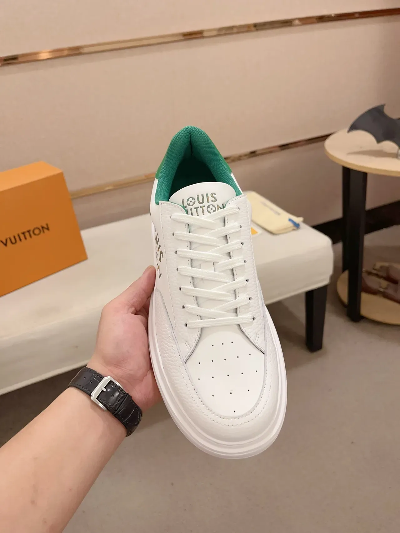 Louis Vuitton White Green Low-Top Platform Sneaker Textured Leather Upper Lifestyle Sneakers 5