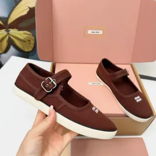 Miu Miu Brown Canvas Buckle Strap Mary Jane Shoes
