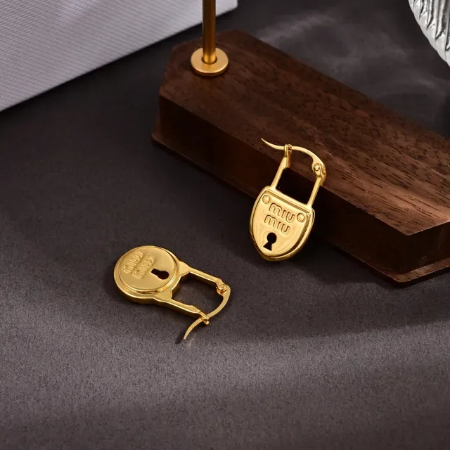 Miu Miu Lock Gold Engraved Logo Earrings 3