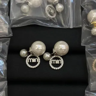 Miu Miu Logo Hoop Double Pearl Crystal Earrings