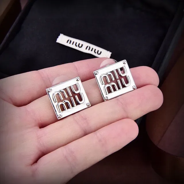 Miu Miu Logo Plaque Silver Square Engraved Earrings 2