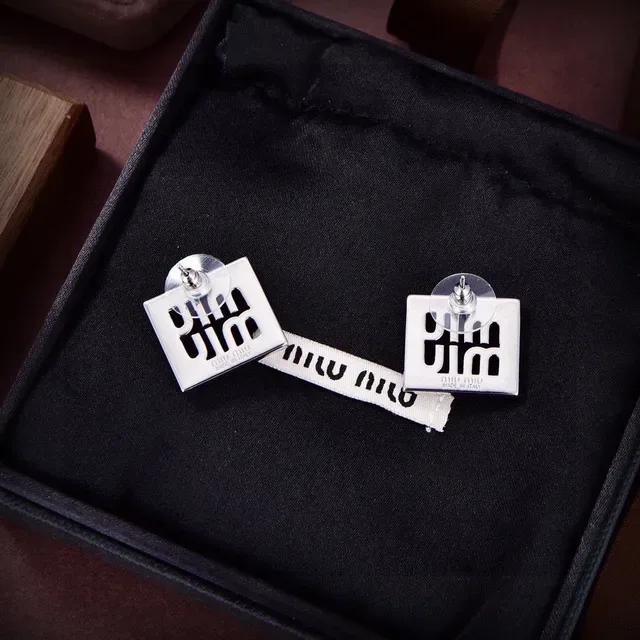 Miu Miu Logo Plaque Silver Square Engraved Earrings 3