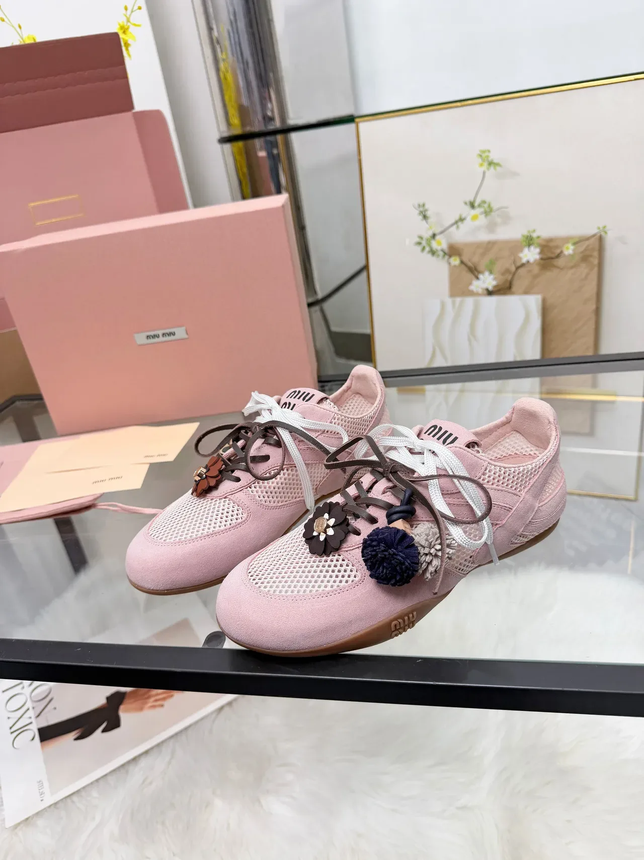 Miu Miu Pink Brown Suede And Mesh Upper Dual-Tone Laces Lifestyle Sneakers 5