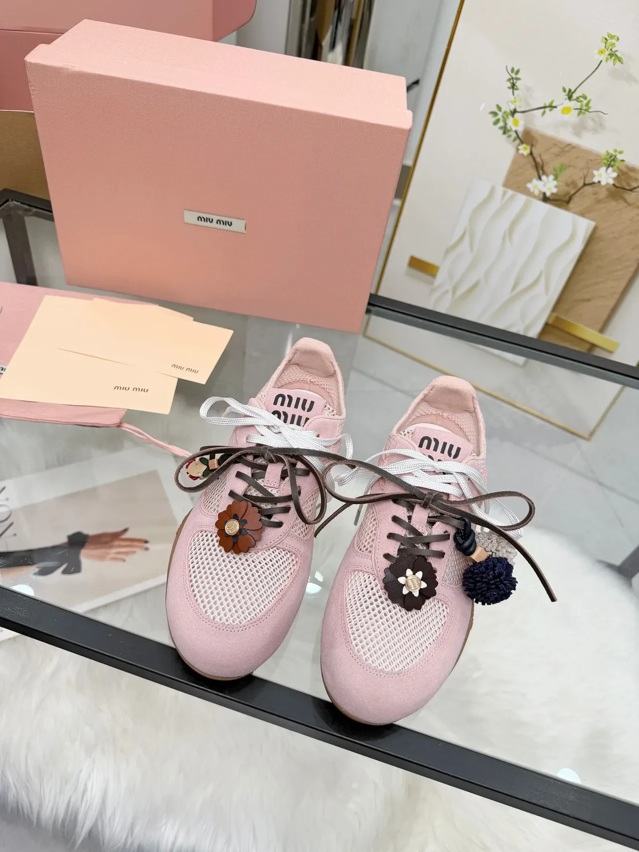 Miu Miu Pink Brown Suede And Mesh Upper Dual-Tone Laces Lifestyle Sneakers 6