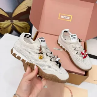 Miu Miu Wander Beige White Perforated Mesh Upper Suede Overlays Lifestyle Sneakers