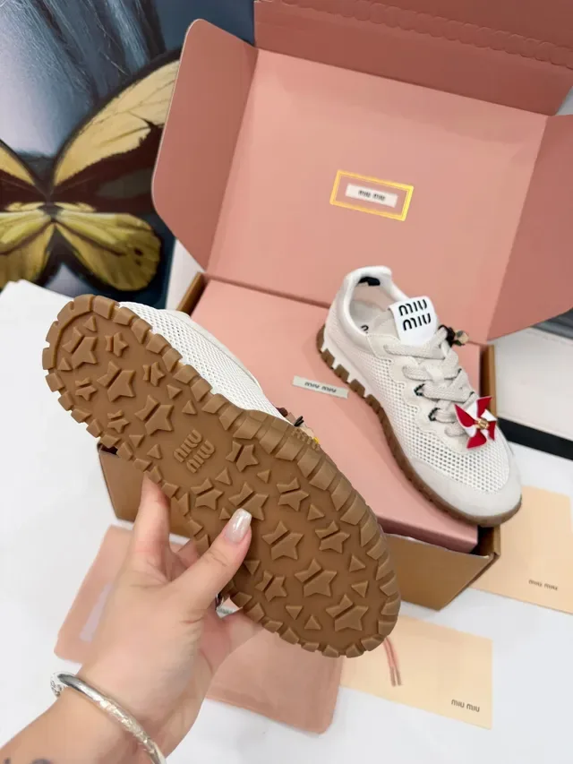 Miu Miu Wander Beige White Perforated Mesh Upper Suede Overlays Lifestyle Sneakers 2