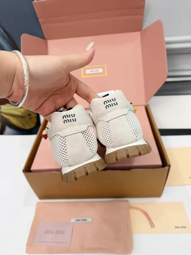 Miu Miu Wander Beige White Perforated Mesh Upper Suede Overlays Lifestyle Sneakers 3