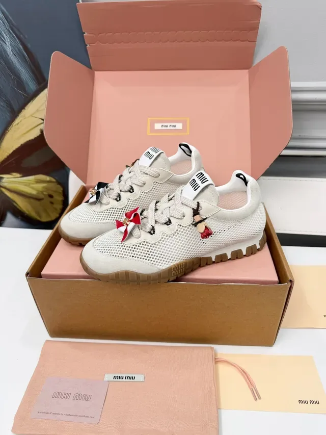 Miu Miu Wander Beige White Perforated Mesh Upper Suede Overlays Lifestyle Sneakers 4