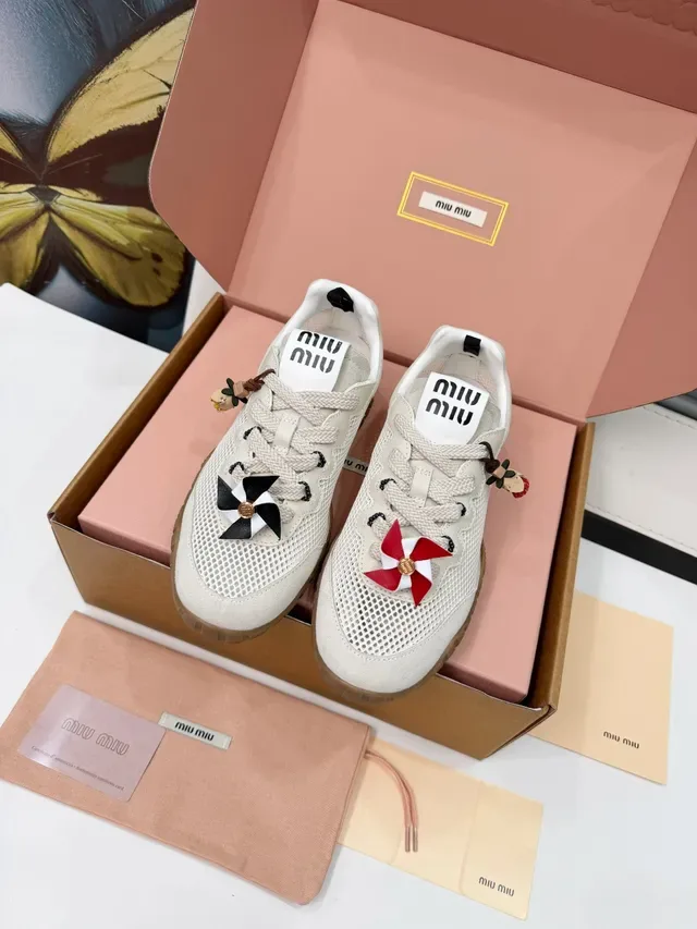 Miu Miu Wander Beige White Perforated Mesh Upper Suede Overlays Lifestyle Sneakers 5