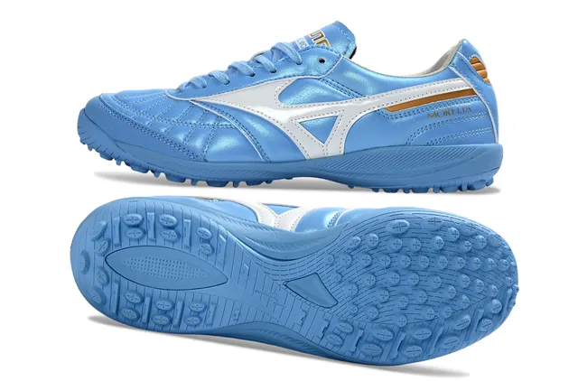 Mizuno Bleu Blanc Boîte à orteils matelassée Tige métallique légère Gazon synthétique Chaussures de football 3