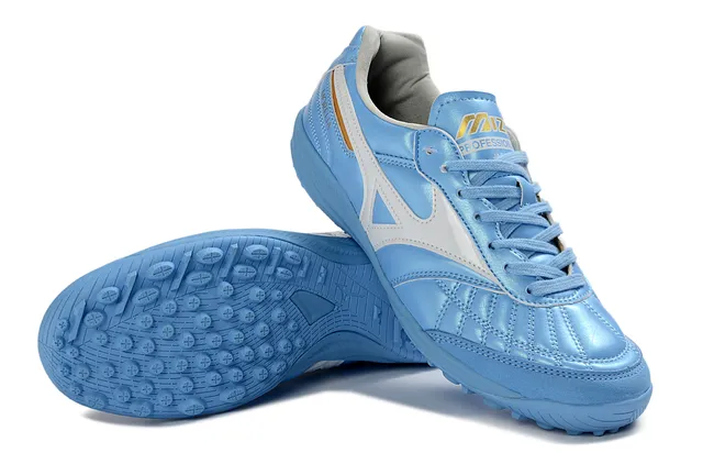 Mizuno Bleu Blanc Boîte à orteils matelassée Tige métallique légère Gazon synthétique Chaussures de football 4