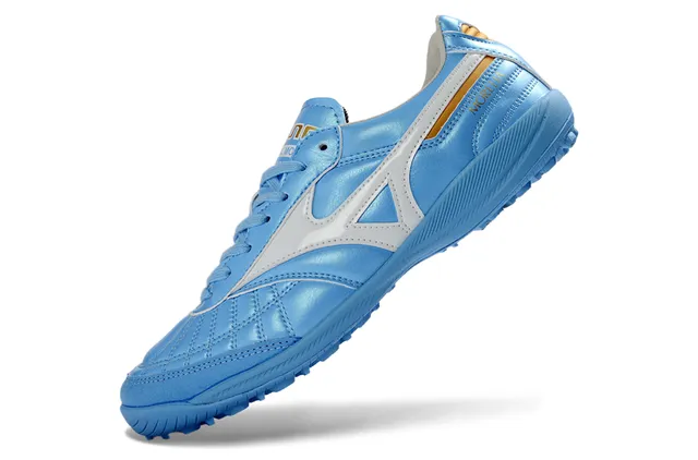 Mizuno Bleu Blanc Boîte à orteils matelassée Tige métallique légère Gazon synthétique Chaussures de football 5