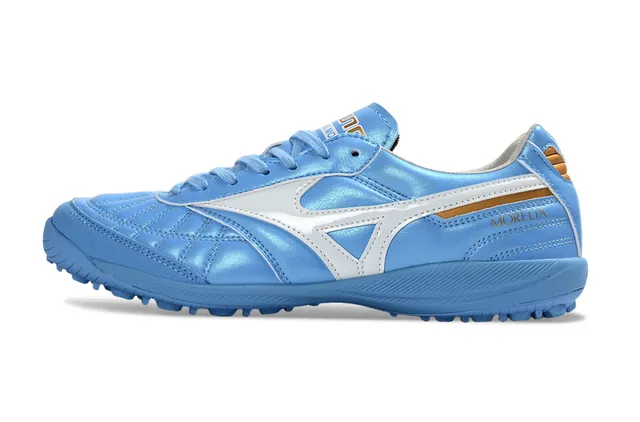Mizuno Bleu Blanc Boîte à orteils matelassée Tige métallique légère Gazon synthétique Chaussures de football 7