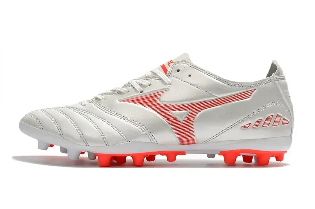 Mizuno Tênis de Futebol Branco e Vermelho Baixo Couro Forro acolchado para terreno firme 7