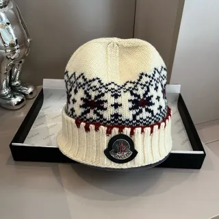 Moncler Beige Navy Fair Isle Knit Pattern Ribbed Fold-Over Cuff Beanie