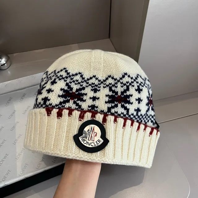 Moncler Beige Navy Fair Isle Knit Pattern Ribbed Fold-Over Cuff Beanie 3