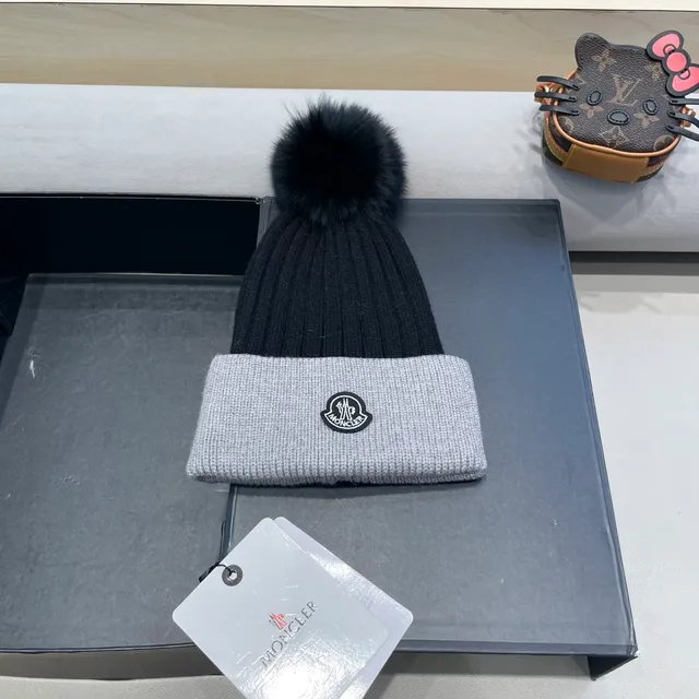 Moncler Gris Noir Tricoté Côtes Deux Tons Bonnet 2