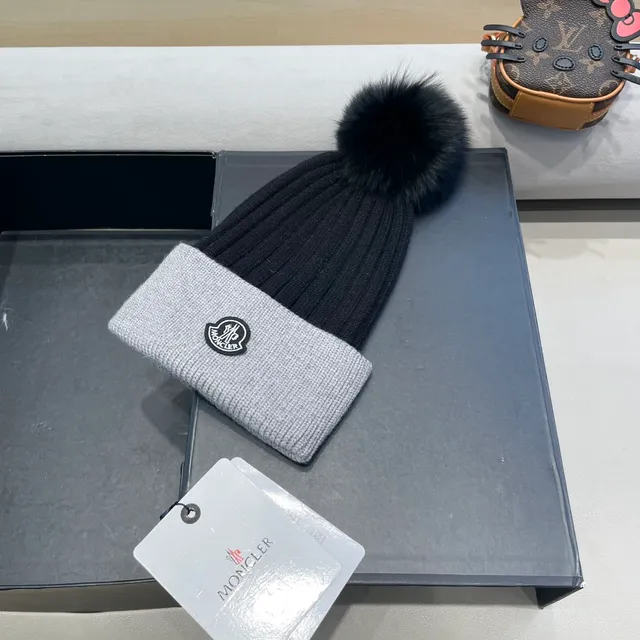 Moncler Gris Noir Tricoté Côtes Deux Tons Bonnet 3