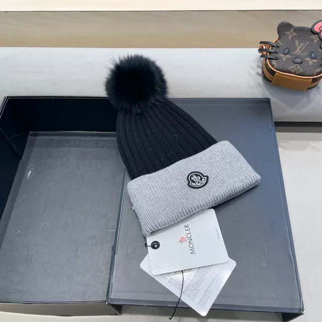 Moncler Gris Noir Tricoté Côtes Deux Tons Bonnet 4