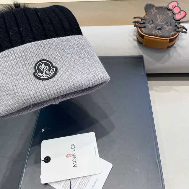Moncler Gris Noir Tricoté Côtes Deux Tons Bonnet 5