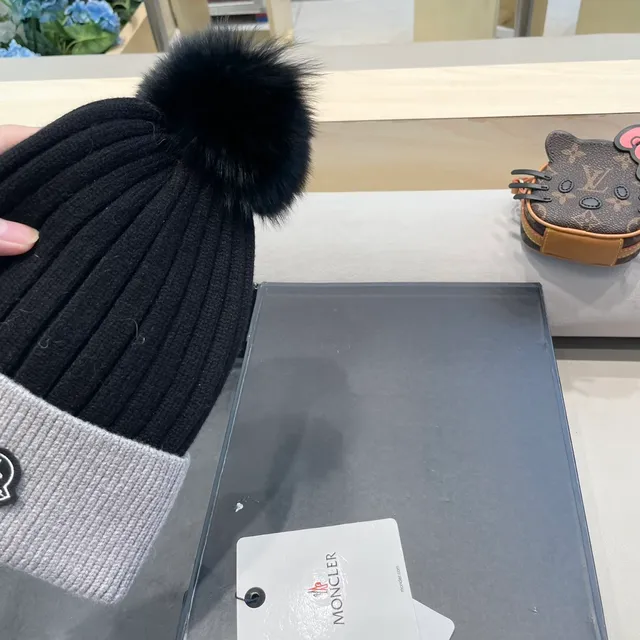 Moncler Gris Noir Tricoté Côtes Deux Tons Bonnet 7