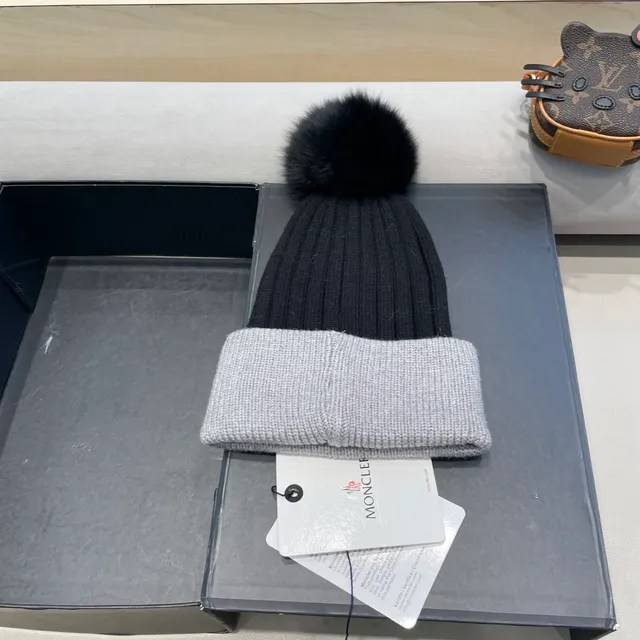 Moncler Gris Noir Tricoté Côtes Deux Tons Bonnet 8